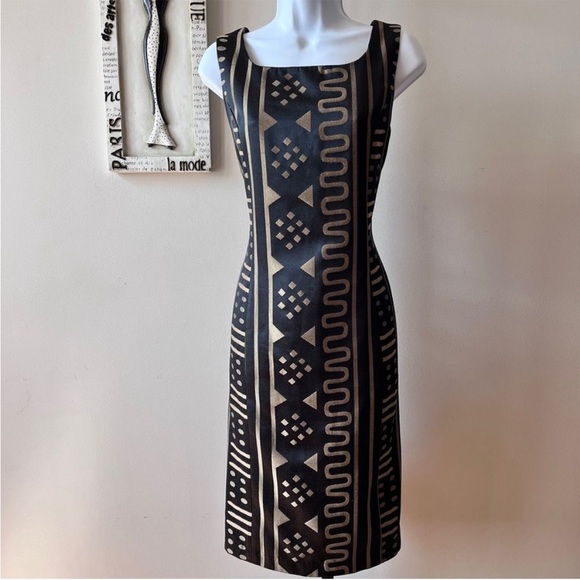 Ashro Black and Gold Ethnic African Print Sleeveless Sheath Dress Size 8 - Picture 3 of 11